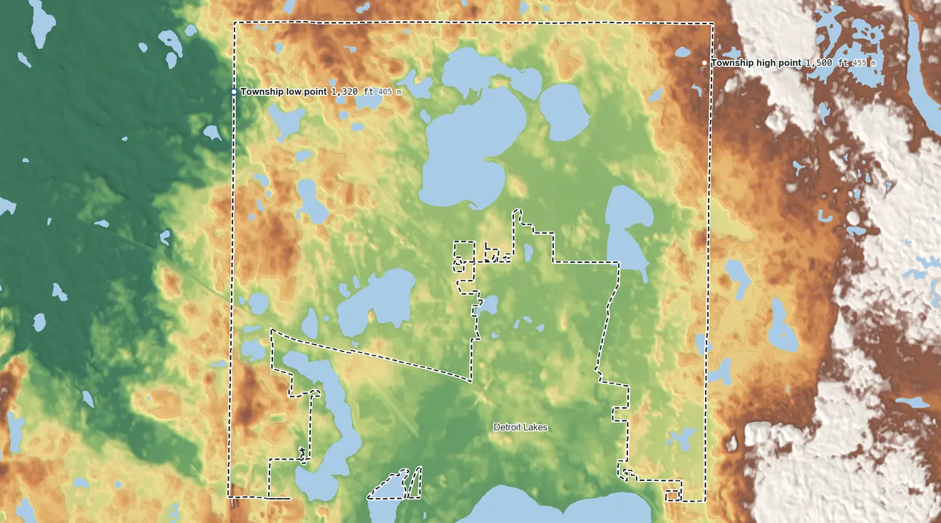 Topographic elevation map of Detroit Township, Minnesota, shaded from 1,320 ft on the northwest side to 1,500 ft on the northeast side