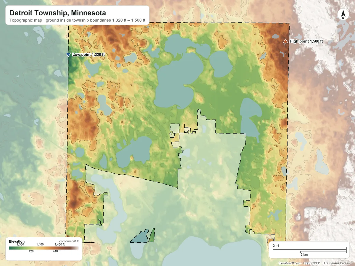 Topographic elevation map of Detroit Township, Minnesota, shaded from 1,320 ft on the northwest side to 1,500 ft on the northeast side