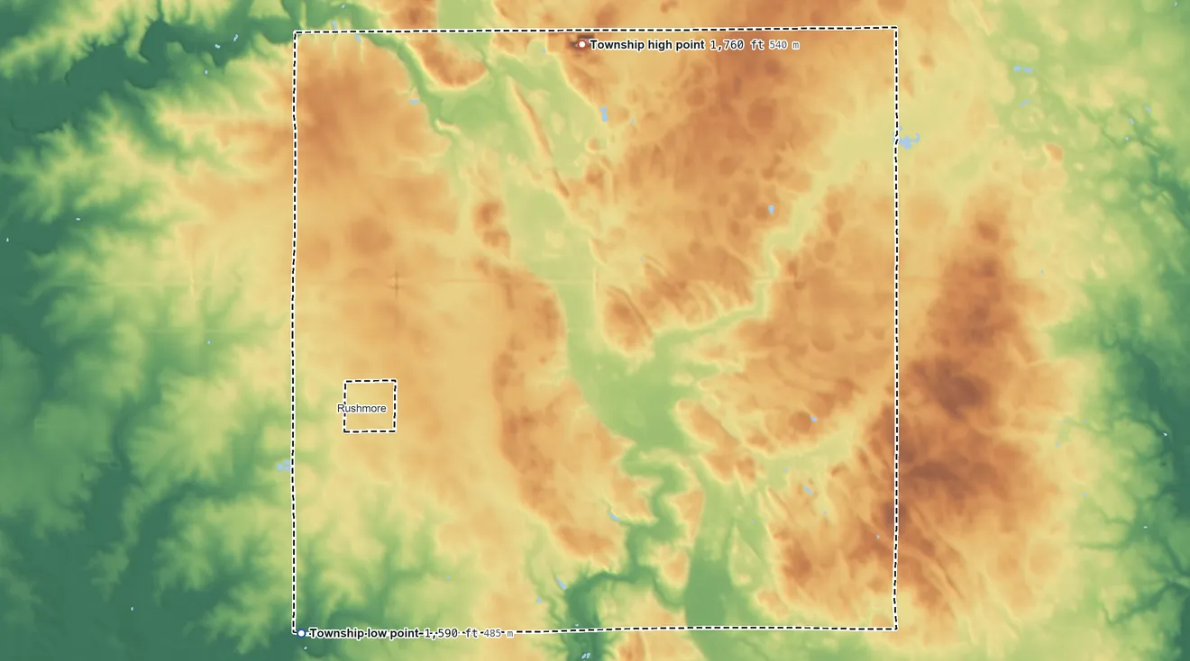 Topographic elevation map of Dewald Township, Minnesota, shaded from 1,590 ft on the southwest side to 1,760 ft on the north side