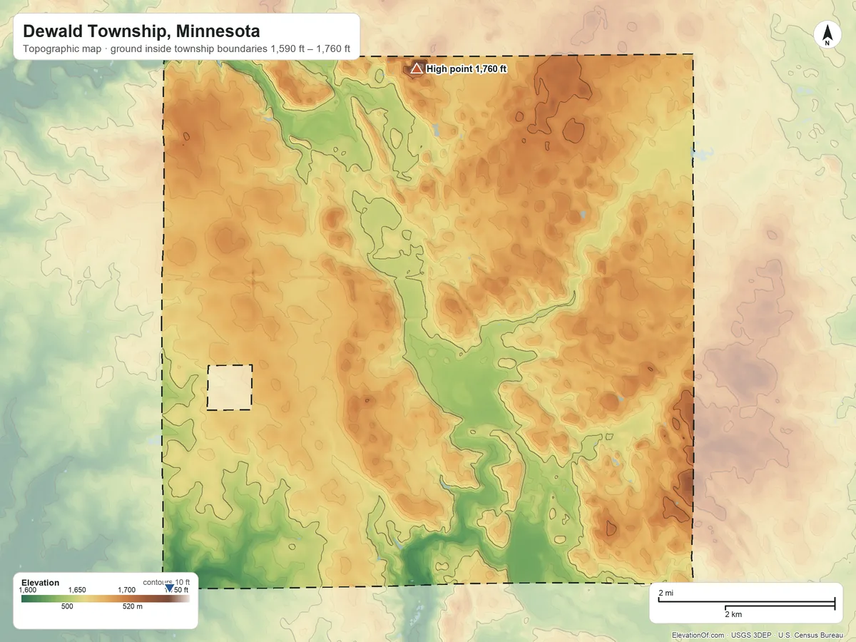 Topographic elevation map of Dewald Township, Minnesota, shaded from 1,590 ft on the southwest side to 1,760 ft on the north side