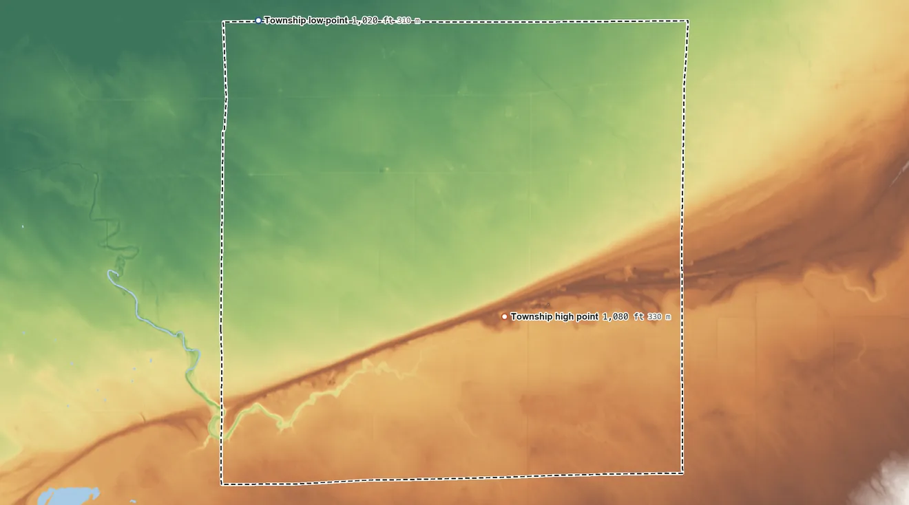 Topographic elevation map of Dewey Township, Minnesota, shaded from 1,020 ft on the northwest side to 1,080 ft on the south side
