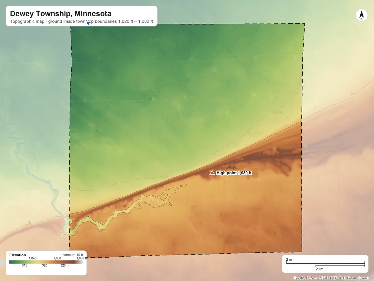 Topographic elevation map of Dewey Township, Minnesota, shaded from 1,020 ft on the northwest side to 1,080 ft on the south side
