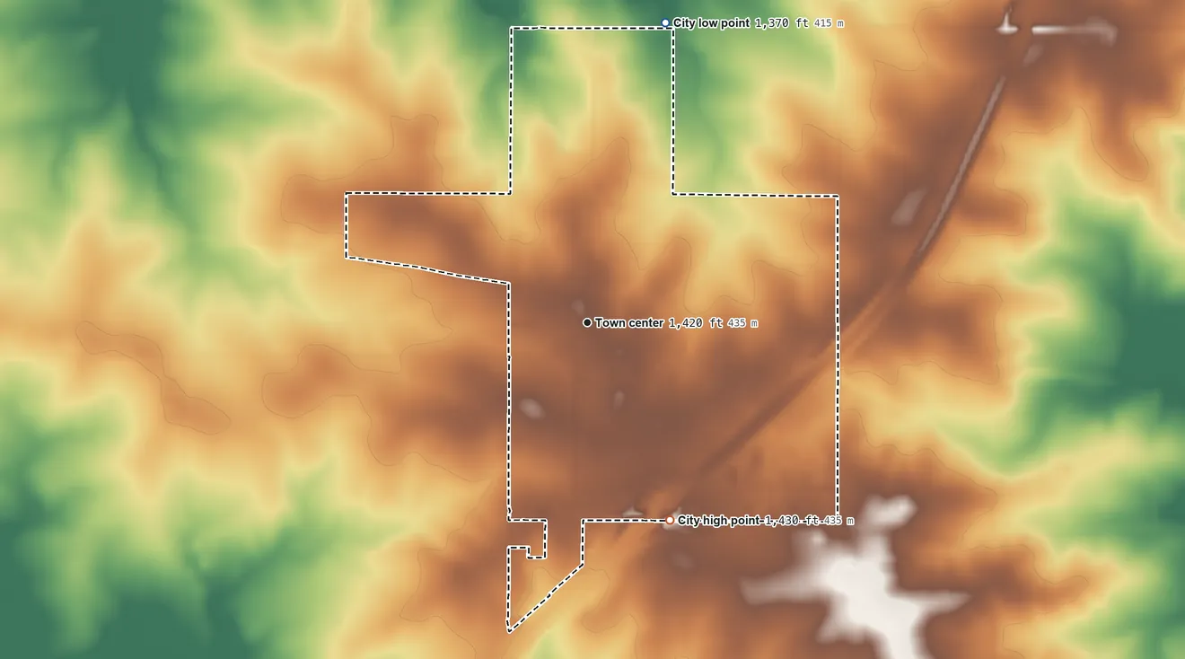 Topographic elevation map of Dexter, Minnesota, shaded from 1,370 ft on the north side to 1,430 ft on the southeast side