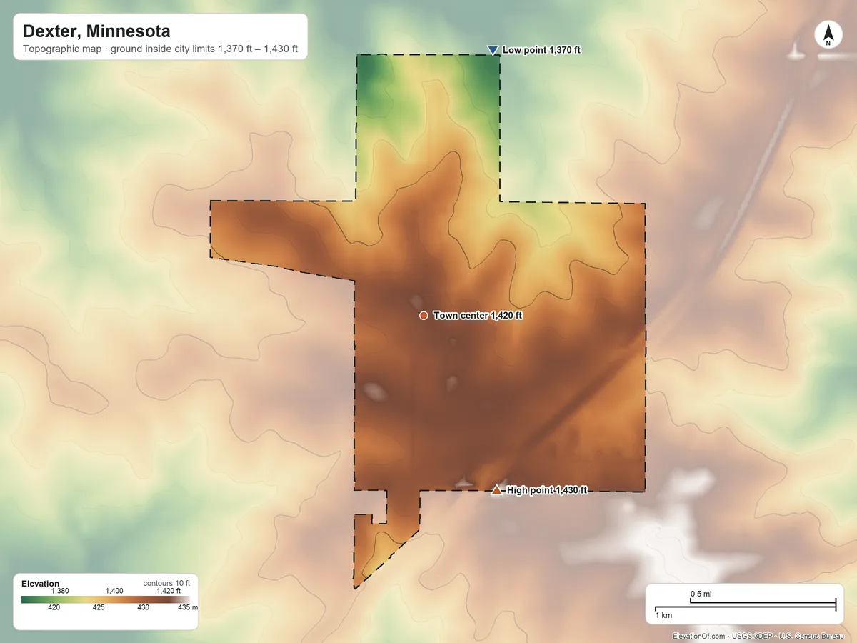 Topographic elevation map of Dexter, Minnesota, shaded from 1,370 ft on the north side to 1,430 ft on the southeast side