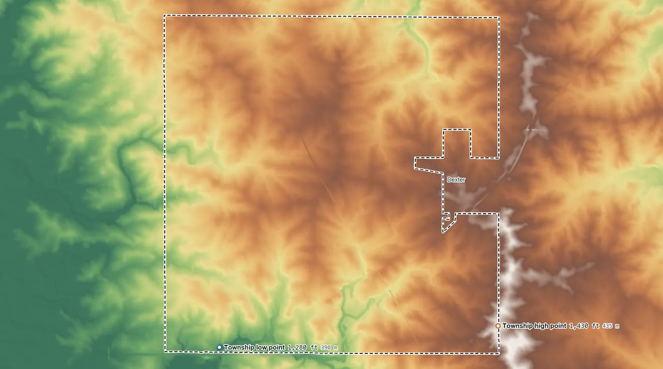 Topographic elevation map of Dexter Township, Minnesota, shaded from 1,280 ft on the southwest side to 1,430 ft on the southeast side