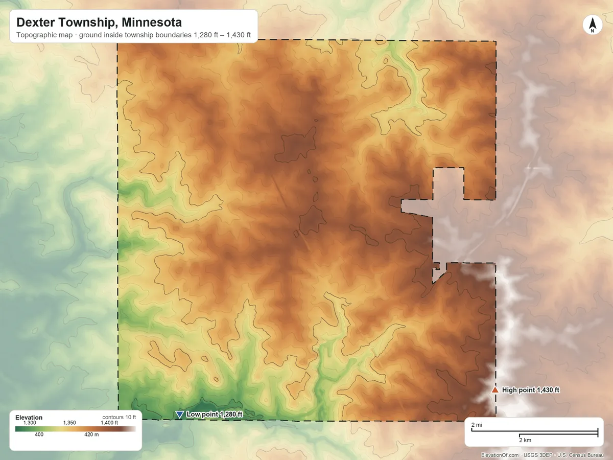 Topographic elevation map of Dexter Township, Minnesota, shaded from 1,280 ft on the southwest side to 1,430 ft on the southeast side