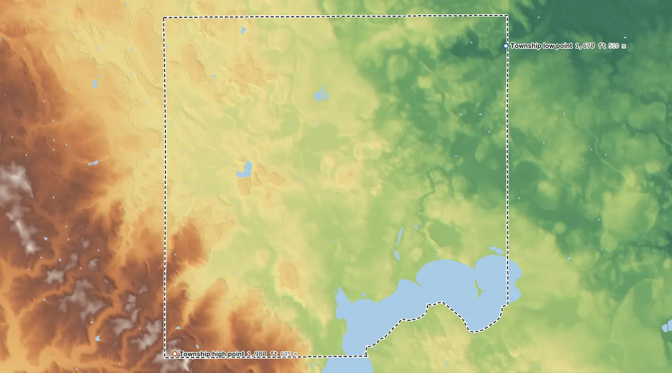 Topographic elevation map of Diamond Lake Township, Minnesota, shaded from 1,670 ft on the northeast side to 1,980 ft on the southwest side