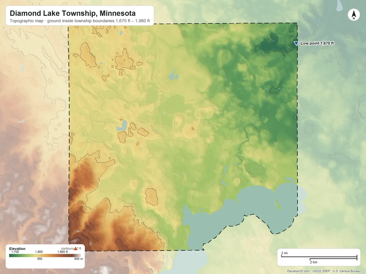 Topographic elevation map of Diamond Lake Township, Minnesota, shaded from 1,670 ft on the northeast side to 1,980 ft on the southwest side