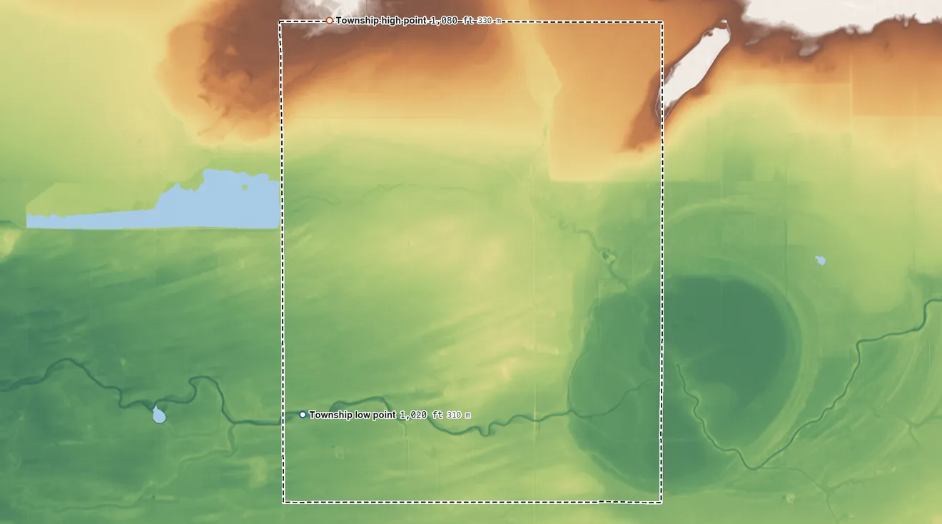 Topographic elevation map of Dieter Township, Minnesota, shaded from 1,020 ft on the southwest side to 1,080 ft on the north side