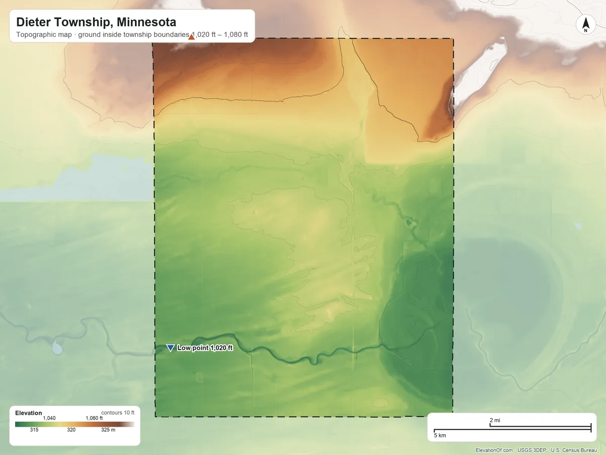 Topographic elevation map of Dieter Township, Minnesota, shaded from 1,020 ft on the southwest side to 1,080 ft on the north side