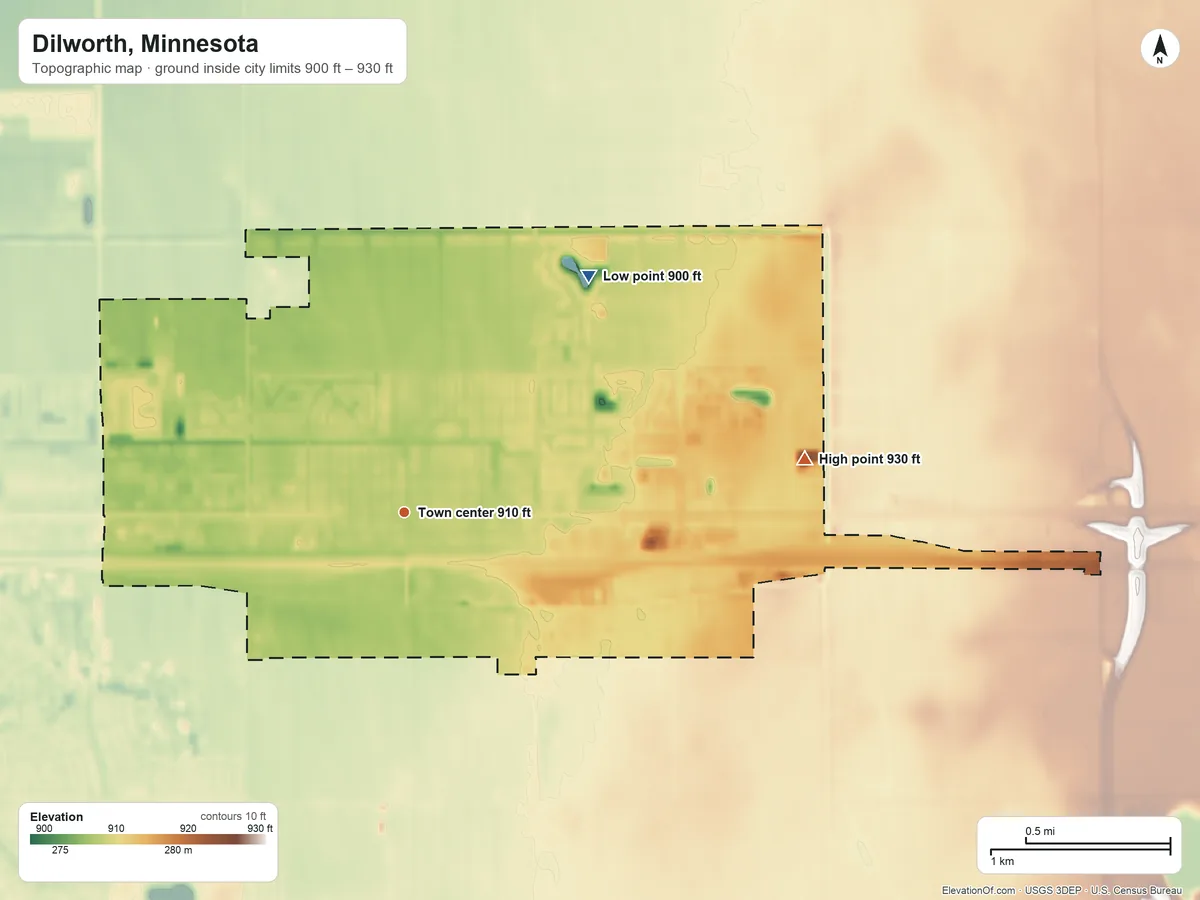 Topographic elevation map of Dilworth, Minnesota, shaded from 900 ft on the northeast side to 930 ft on the east side