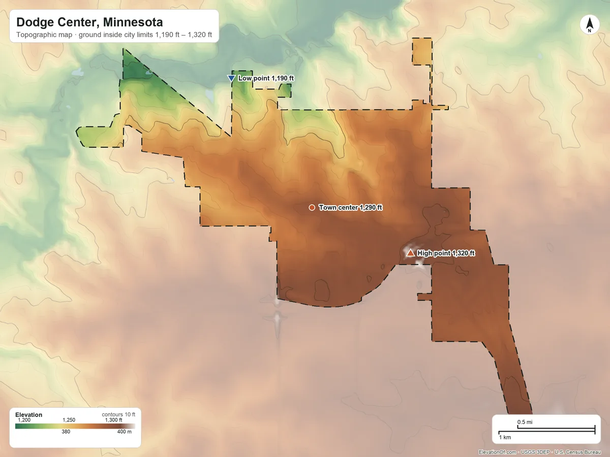 Topographic elevation map of Dodge Center, Minnesota, shaded from 1,190 ft on the northwest side to 1,320 ft on the southeast side