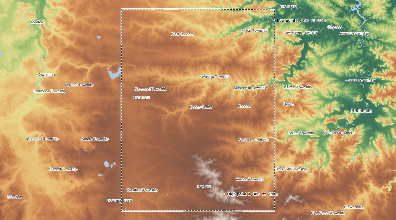 Topographic elevation map of Dodge County, Minnesota, shaded from 1,010 ft on the northeast side to 1,380 ft on the south side