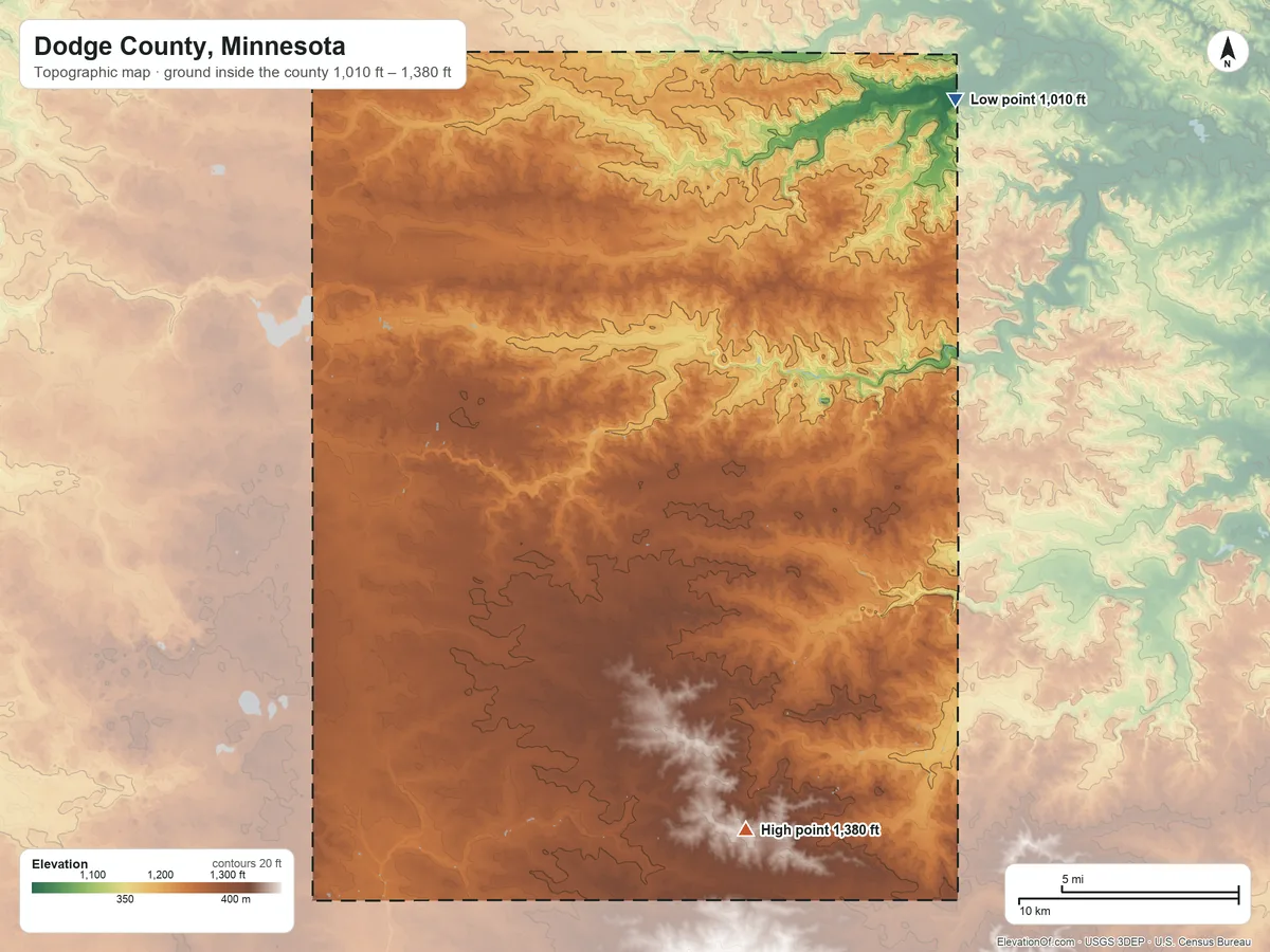 Topographic elevation map of Dodge County, Minnesota, shaded from 1,010 ft on the northeast side to 1,380 ft on the south side