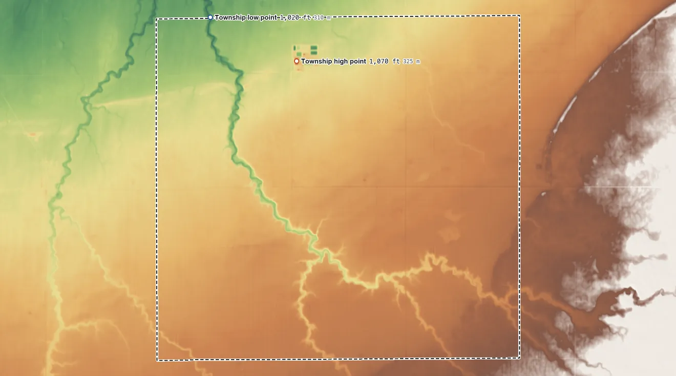 Topographic elevation map of Dollymount Township, Minnesota, shaded from 1,020 ft on the northwest side to 1,070 ft on the northwest side