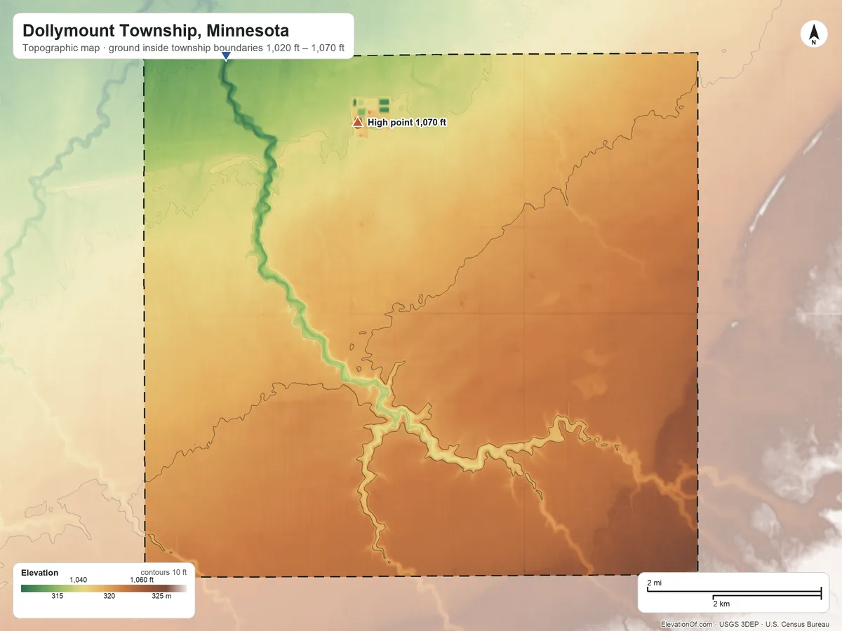 Topographic elevation map of Dollymount Township, Minnesota, shaded from 1,020 ft on the northwest side to 1,070 ft on the northwest side