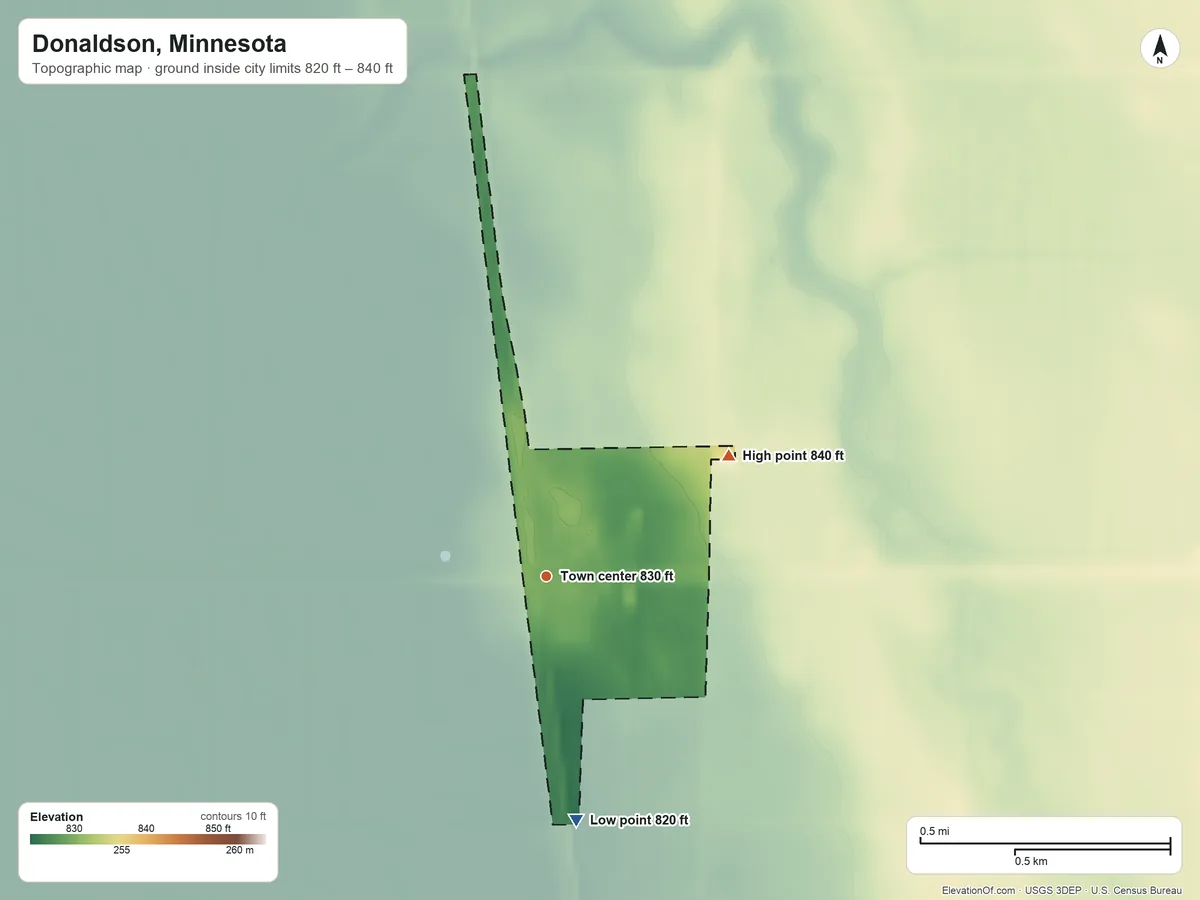 Topographic elevation map of Donaldson, Minnesota, shaded from 820 ft on the south side to 840 ft on the northeast side