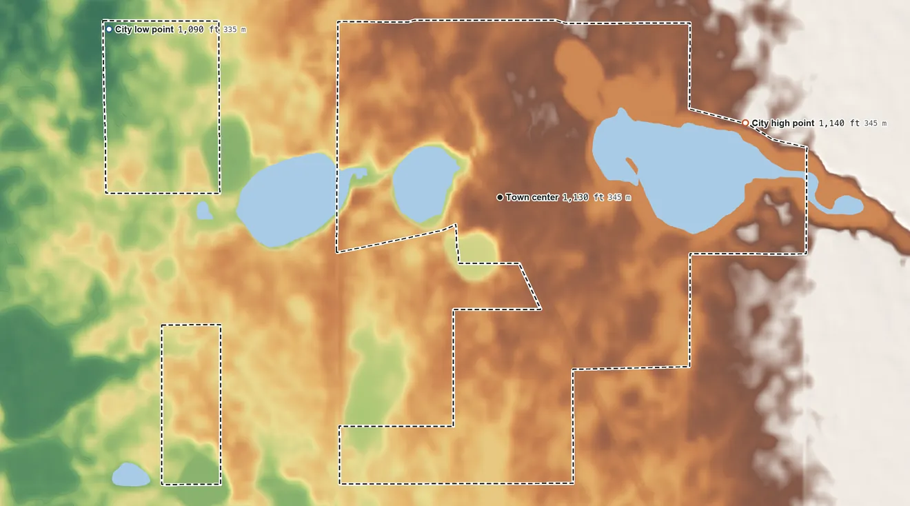 Topographic elevation map of Donnelly, Minnesota, shaded from 1,090 ft on the northwest side to 1,140 ft on the east side