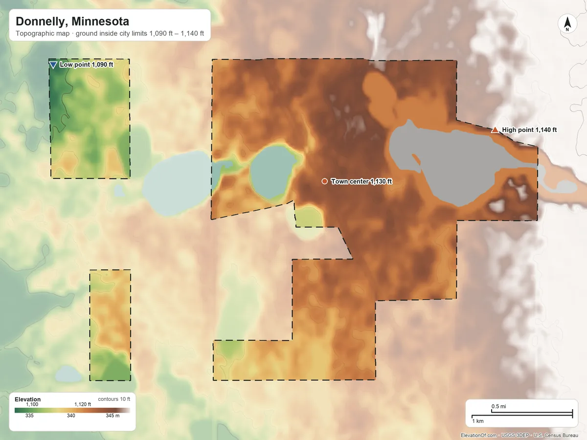 Topographic elevation map of Donnelly, Minnesota, shaded from 1,090 ft on the northwest side to 1,140 ft on the east side