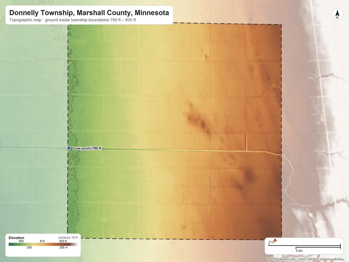 Topographic elevation map of Donnelly Township, Marshall County, Minnesota, shaded from 790 ft on the northwest side to 830 ft on the east side