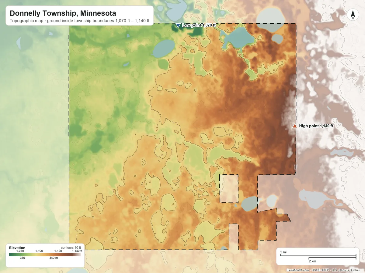 Topographic elevation map of Donnelly Township, Minnesota, shaded from 1,070 ft on the north side to 1,140 ft on the east side