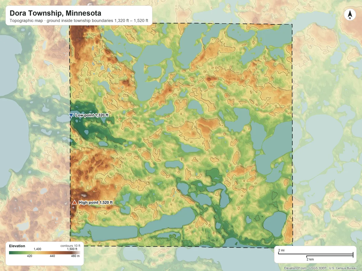 Topographic elevation map of Dora Township, Minnesota, shaded from 1,320 ft on the west side to 1,520 ft on the west side