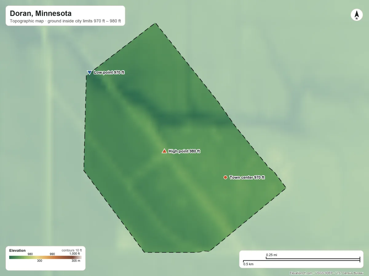 Topographic elevation map of Doran, Minnesota, shaded from 970 ft on the northwest side to 980 ft on the northwest side