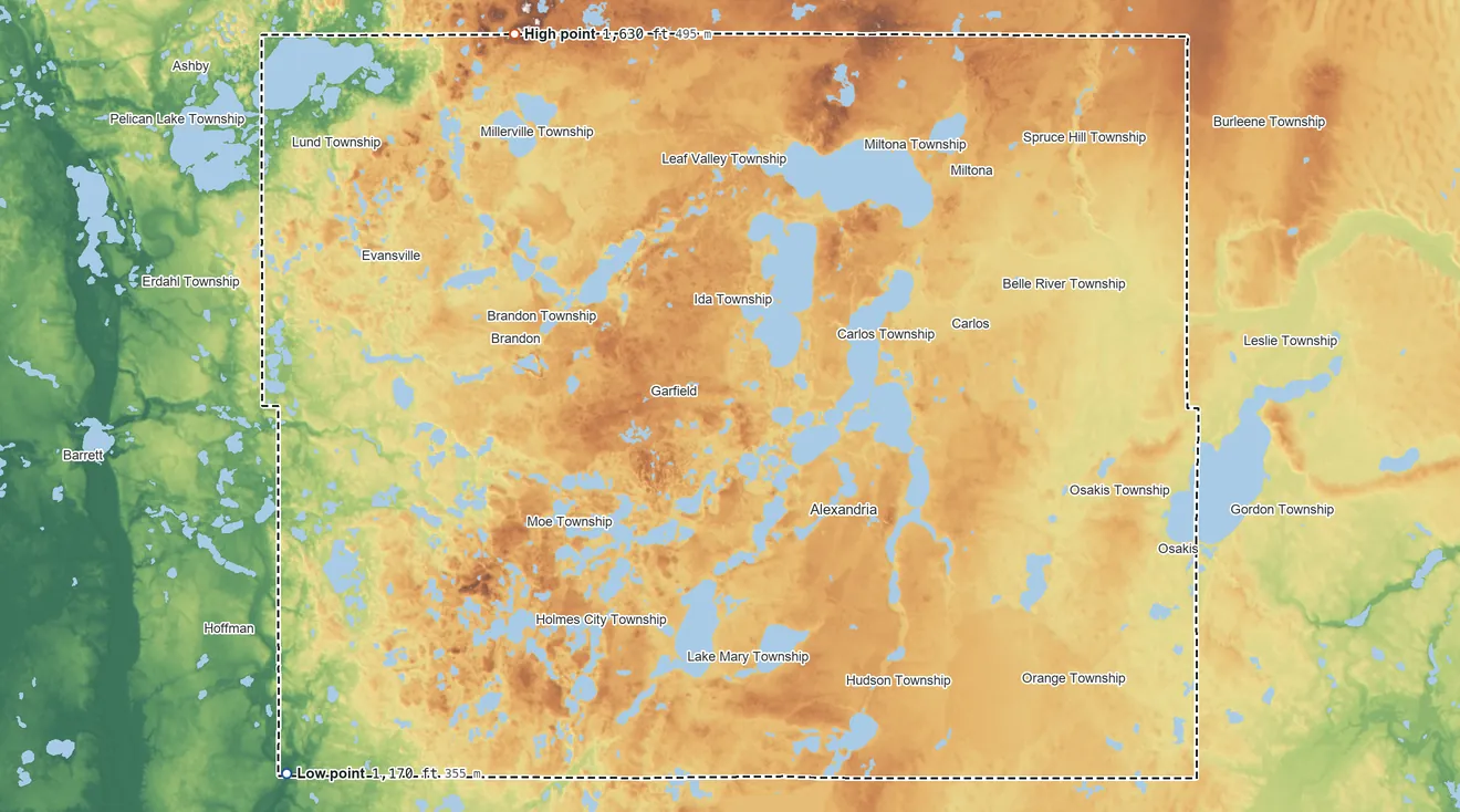 Topographic elevation map of Douglas County, Minnesota, shaded from 1,170 ft on the southwest side to 1,630 ft on the northwest side