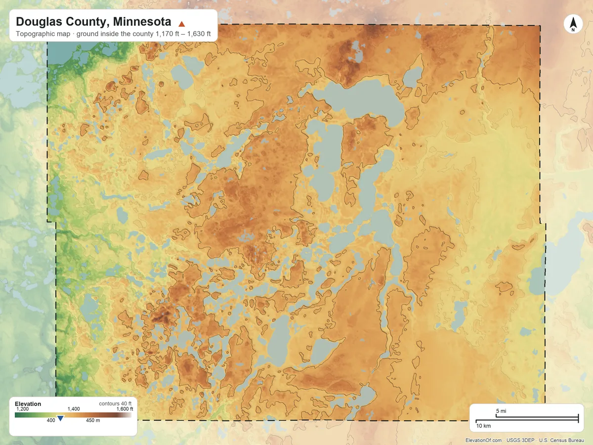 Topographic elevation map of Douglas County, Minnesota, shaded from 1,170 ft on the southwest side to 1,630 ft on the northwest side