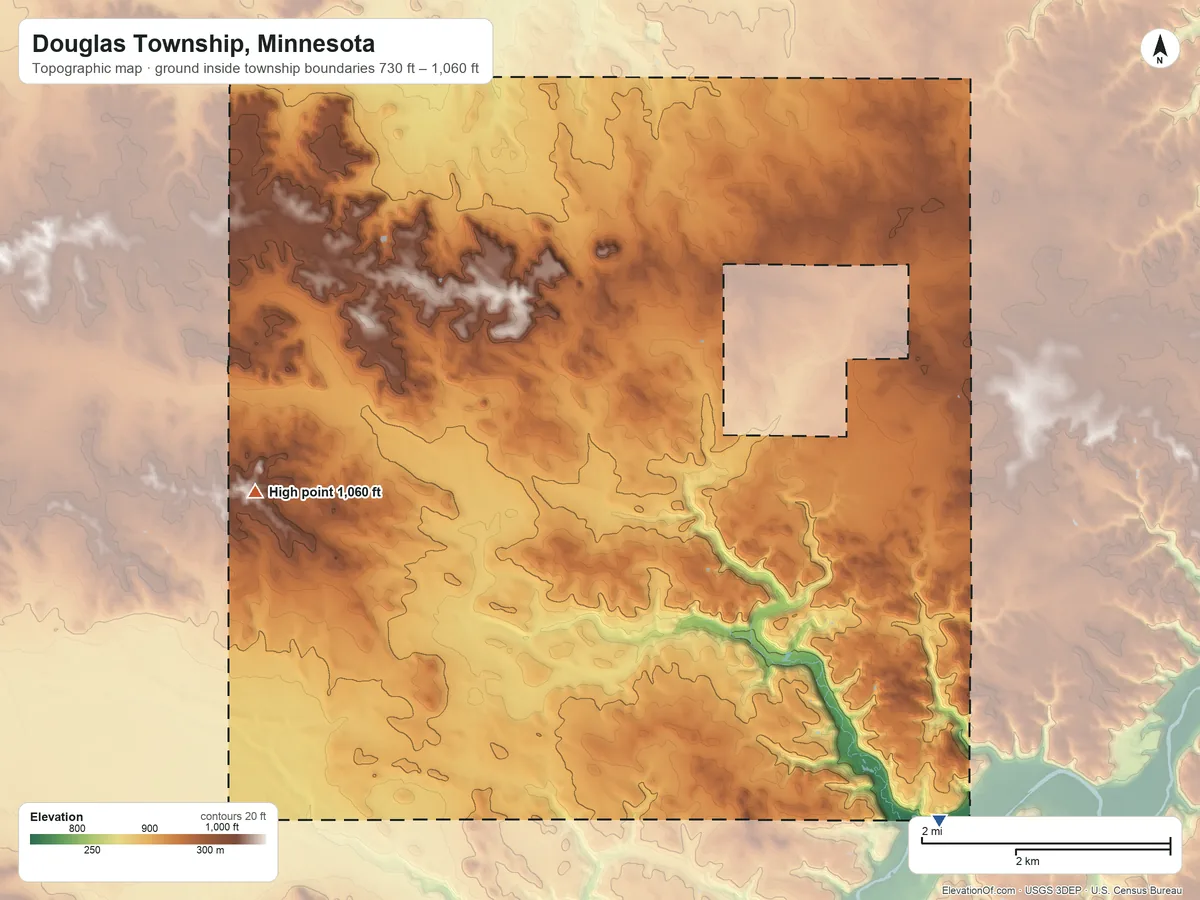 Topographic elevation map of Douglas Township, Minnesota, shaded from 730 ft on the southeast side to 1,060 ft on the west side