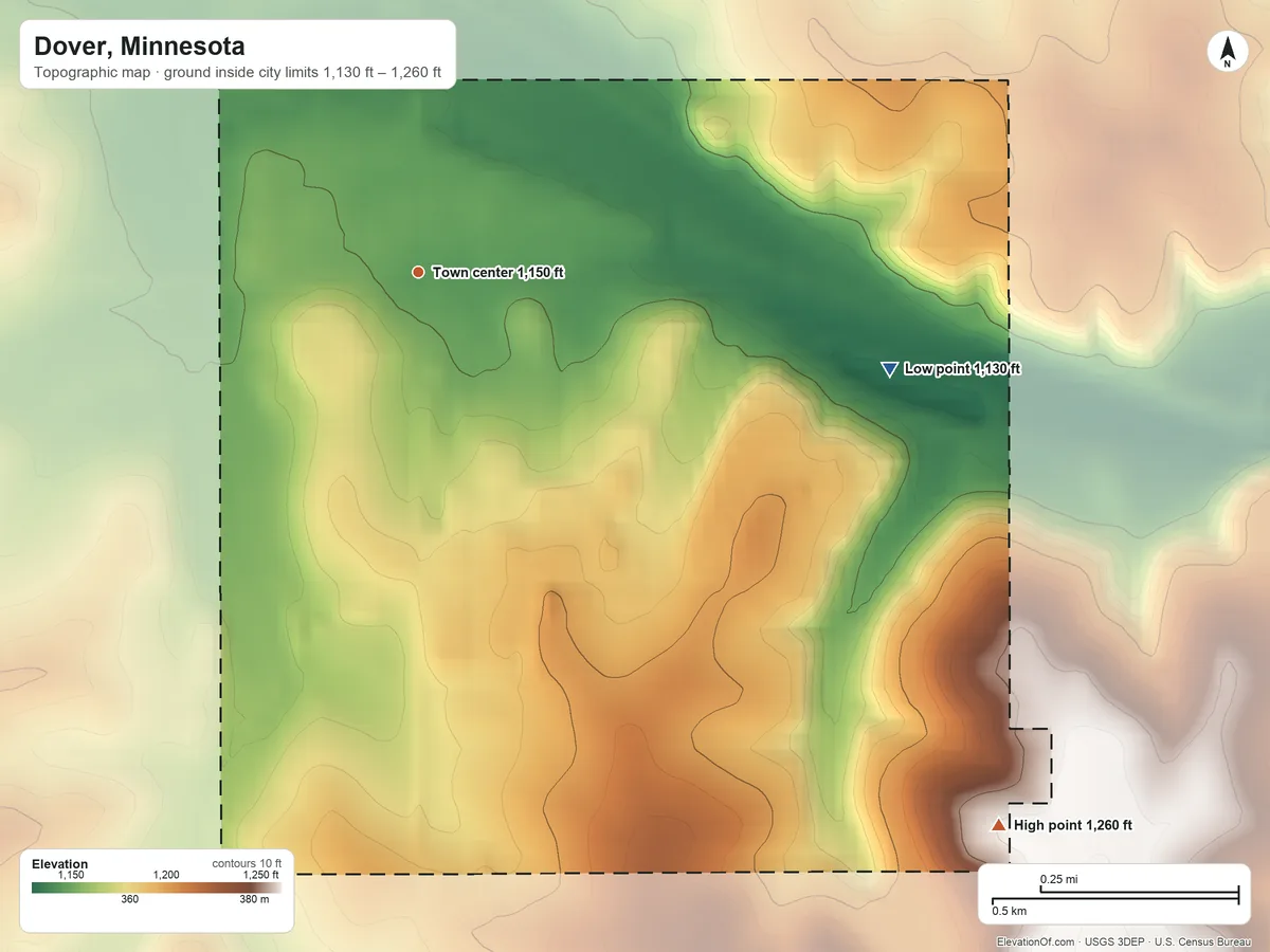 Topographic elevation map of Dover, Minnesota, shaded from 1,130 ft on the east side to 1,260 ft on the southeast side