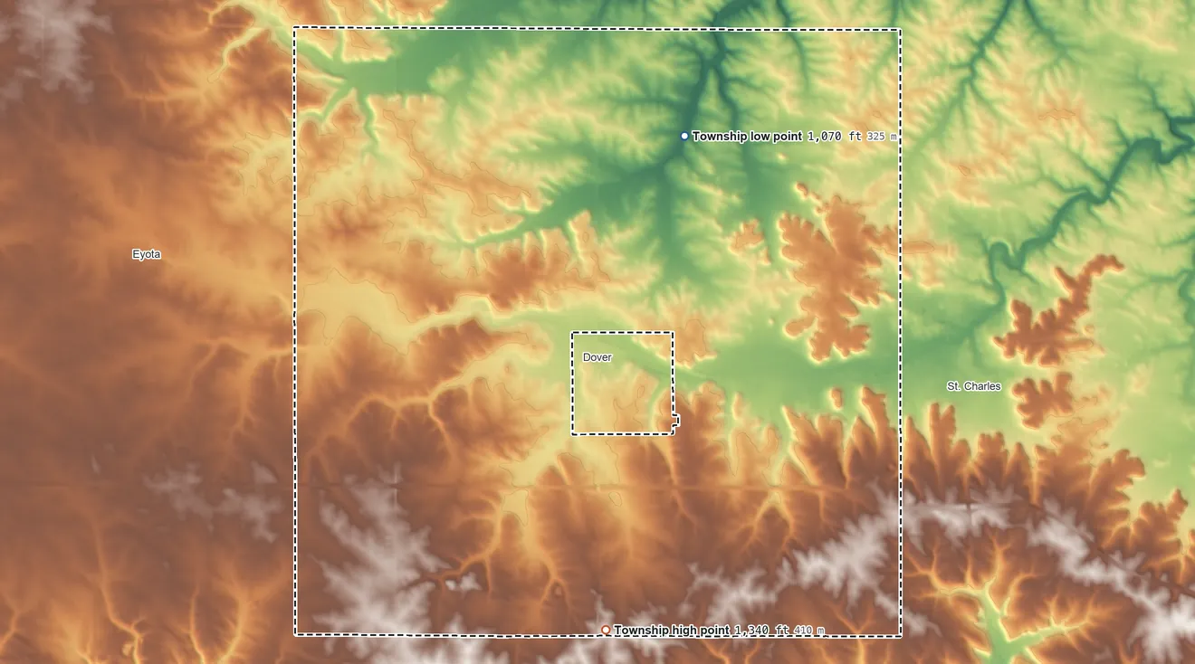 Topographic elevation map of Dover Township, Minnesota, shaded from 1,070 ft on the northeast side to 1,340 ft on the south side