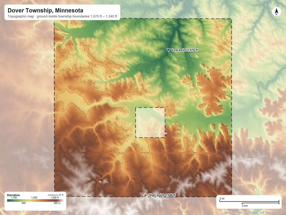 Topographic elevation map of Dover Township, Minnesota, shaded from 1,070 ft on the northeast side to 1,340 ft on the south side