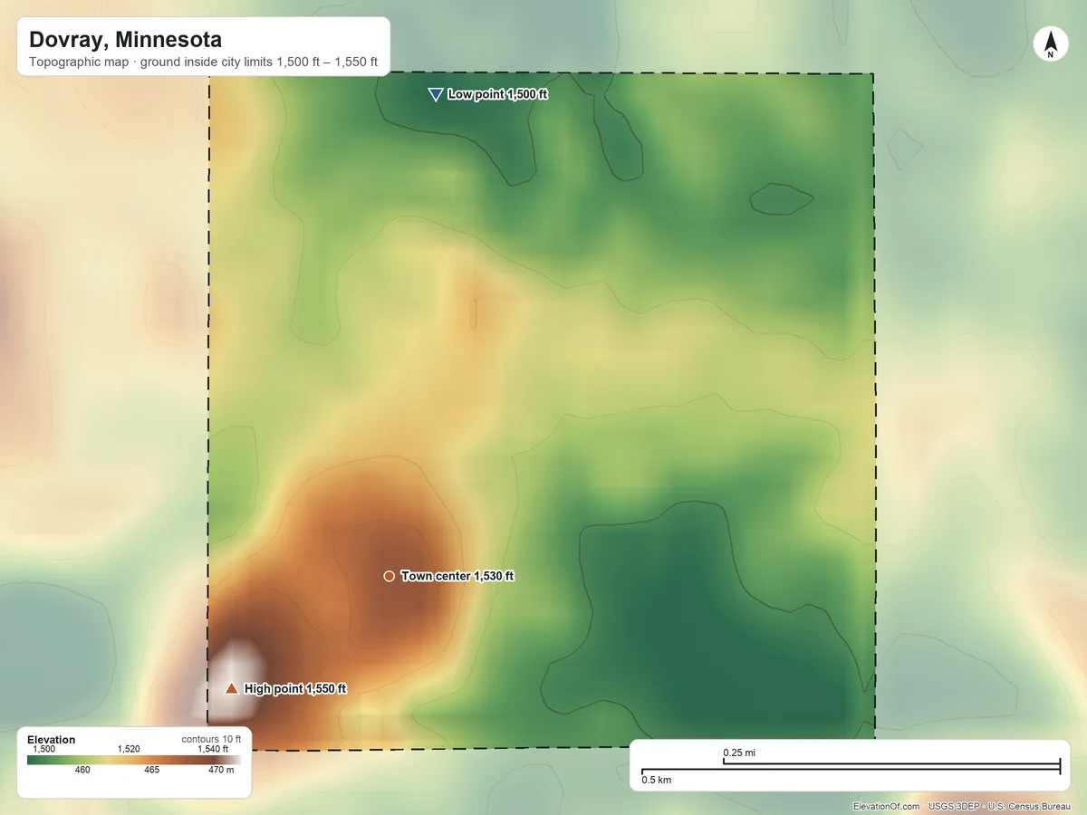 Topographic elevation map of Dovray, Minnesota, shaded from 1,500 ft on the north side to 1,550 ft on the southwest side