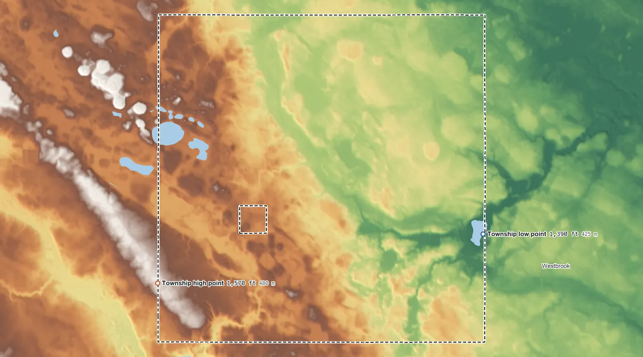 Topographic elevation map of Dovray Township, Minnesota, shaded from 1,390 ft on the southeast side to 1,570 ft on the southwest side