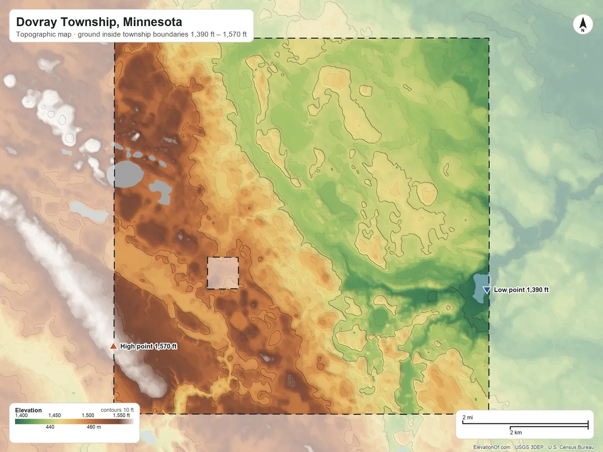 Topographic elevation map of Dovray Township, Minnesota, shaded from 1,390 ft on the southeast side to 1,570 ft on the southwest side