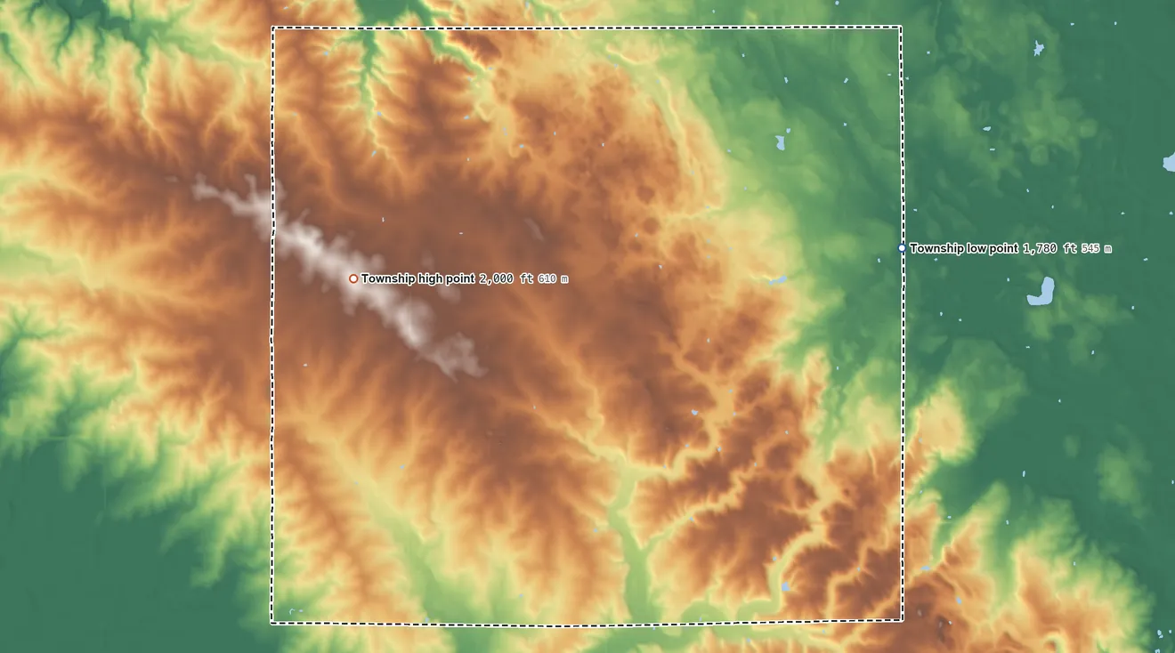 Topographic elevation map of Drammen Township, Minnesota, shaded from 1,780 ft on the east side to 2,000 ft on the west side