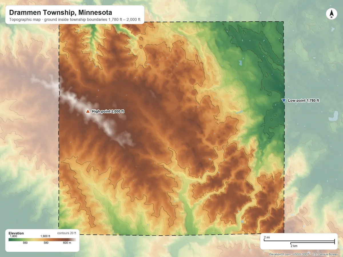 Topographic elevation map of Drammen Township, Minnesota, shaded from 1,780 ft on the east side to 2,000 ft on the west side