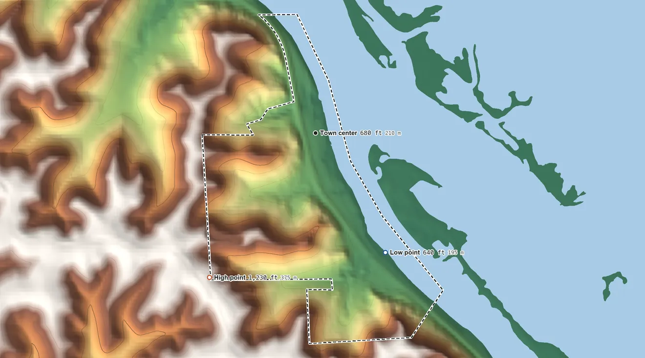 Topographic elevation map of Dresbach, Minnesota, shaded from 640 ft on the southeast side to 1,230 ft on the southwest side
