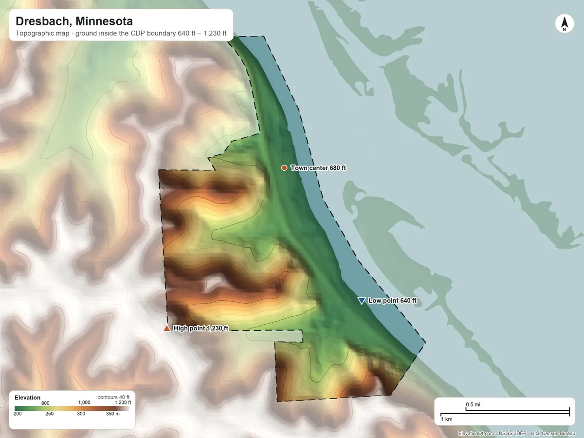 Topographic elevation map of Dresbach, Minnesota, shaded from 640 ft on the southeast side to 1,230 ft on the southwest side