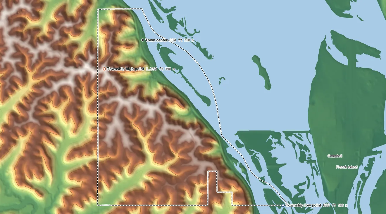 Topographic elevation map of Dresbach Township, Minnesota, shaded from 630 ft on the southeast side to 1,280 ft on the southwest side