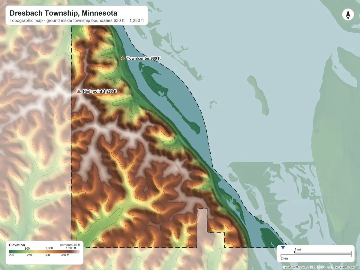 Topographic elevation map of Dresbach Township, Minnesota, shaded from 630 ft on the southeast side to 1,280 ft on the southwest side