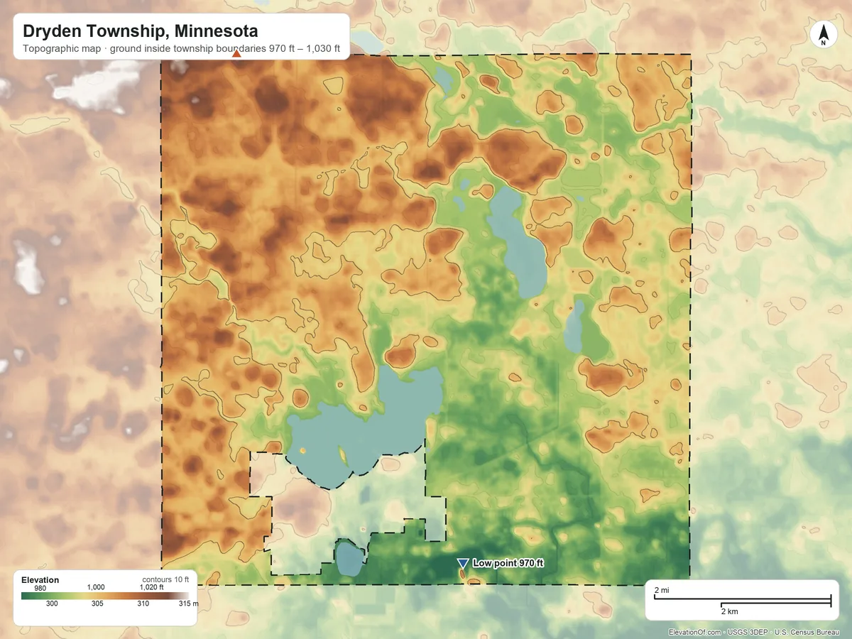 Topographic elevation map of Dryden Township, Minnesota, shaded from 970 ft on the south side to 1,030 ft on the northwest side