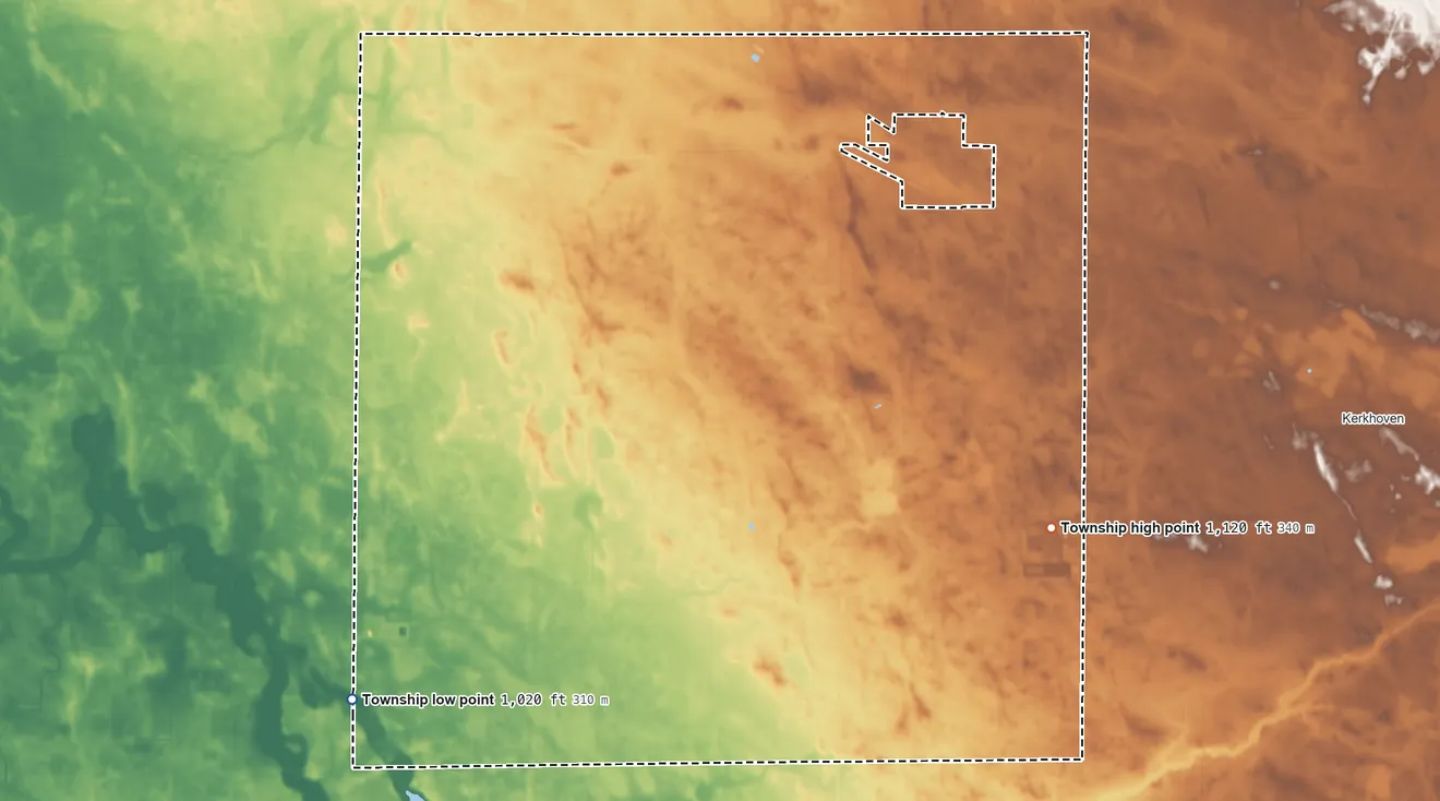 Topographic elevation map of Dublin Township, Minnesota, shaded from 1,020 ft on the southwest side to 1,120 ft on the east side