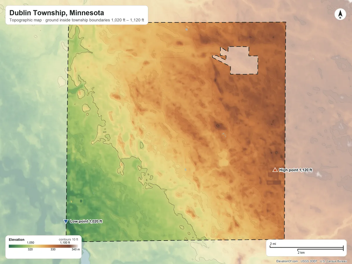 Topographic elevation map of Dublin Township, Minnesota, shaded from 1,020 ft on the southwest side to 1,120 ft on the east side