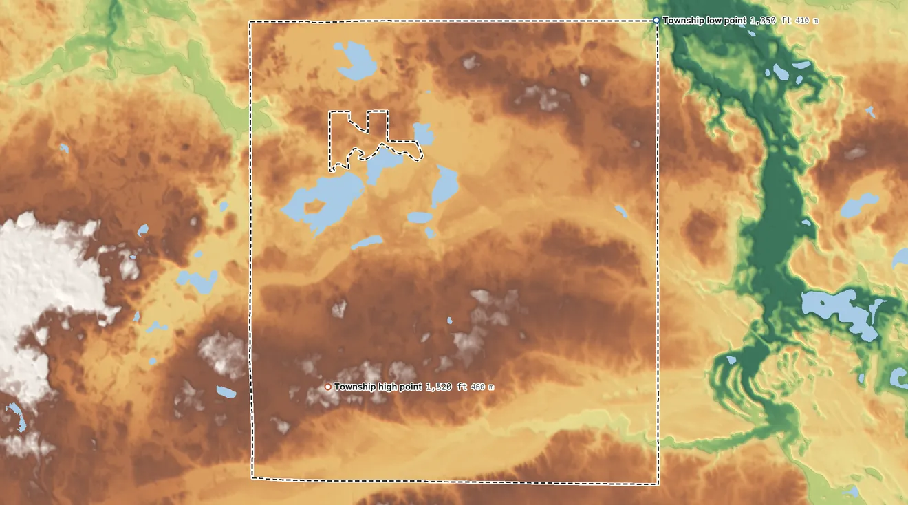 Topographic elevation map of Dudley Township, Minnesota, shaded from 1,350 ft on the northeast side to 1,520 ft on the southwest side