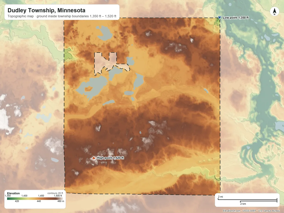 Topographic elevation map of Dudley Township, Minnesota, shaded from 1,350 ft on the northeast side to 1,520 ft on the southwest side