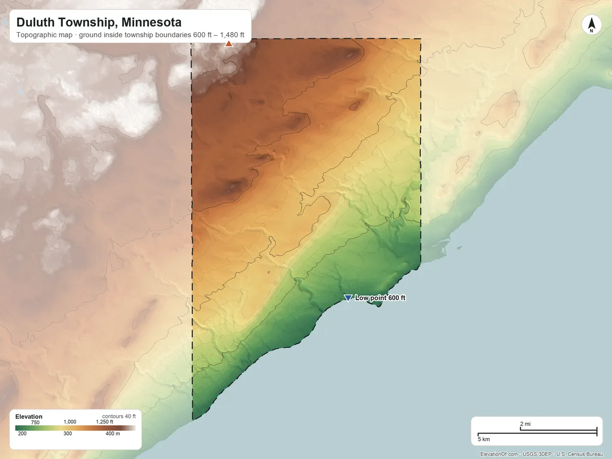 Topographic elevation map of Duluth Township, Minnesota, shaded from 600 ft on the southeast side to 1,480 ft on the north side