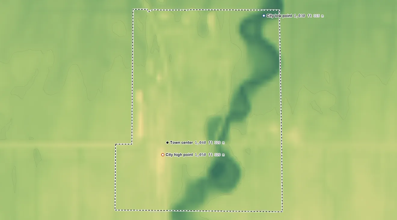 Topographic elevation map of Dumont, Minnesota, shaded from 1,030 ft on the northeast side to 1,050 ft near the middle