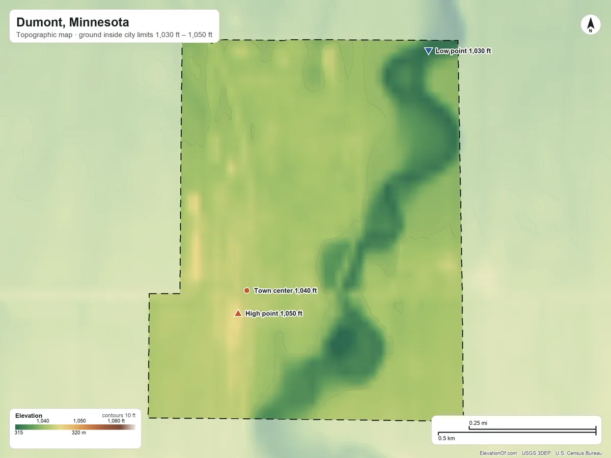 Topographic elevation map of Dumont, Minnesota, shaded from 1,030 ft on the northeast side to 1,050 ft near the middle